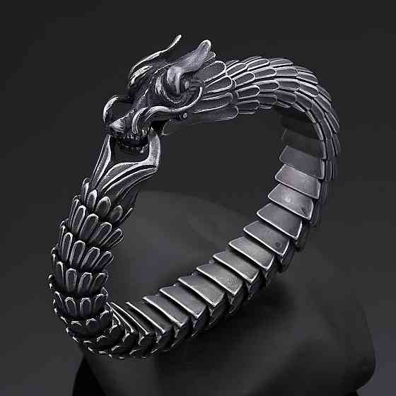 Сталевий чоловічий браслет Дракон RESTEQ. Тяжкий браслет Дракон. Браслет металевий Дракон 22 см Київ
