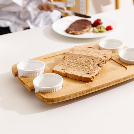 Бамбуковая доска для сервировки и подачи еды с соусниками, деревянная менажница для завтраков 38.5×25.4×3.5 см Каменец-Подольский