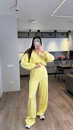 Женский стильный повседневный костюм тройка велюр плюш Лимонный, 44/46 Одесса