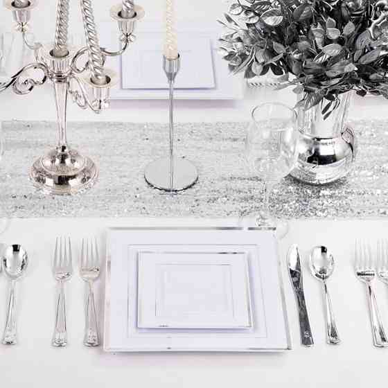 Набор тарелок пластиковых 12 шт,десертные 16.5 см и обеденные 24 см,квадратные с серебристым контуром Каменец-Подольский