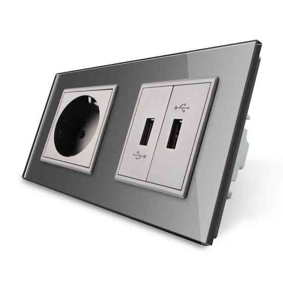 LIVOLO Розетка з заземленням з 2 USB розетками Livolo сірий скло (VL-C7C1EU2USB-15) Коломия