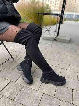 Ботфорти зимові жіночі з натуральної замші чорні на плоскій підошві, наповнювач хутро 88/1 р.41 Коломия