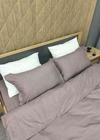 Комплект постельного белья Страйп-сатин Двуспальный 180х220 с простыней на резинке Лилово-серый (88-100) Киев