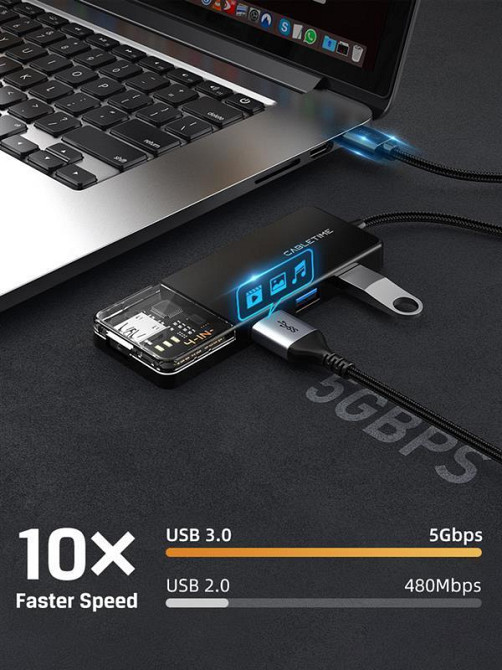 Концентратор Cabletime USB C/A - 4 Port USB 3.0, 5Gbps, 0.15 м (CB05B) Чорний Харків - фото 4