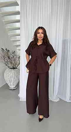 Летний льняной костюм рубашка и брюки с кулиской, свободный крой, шоколад, размер 48/50 Лубны