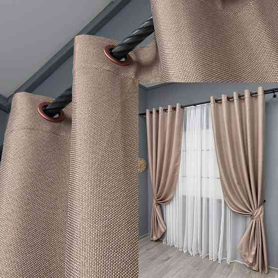 Комплект штор на люверсах VR-Textil Льон-блекаут Льон Мішковина № 1069ш Пудровий 150х250см 2 шт (37-0192) Київ