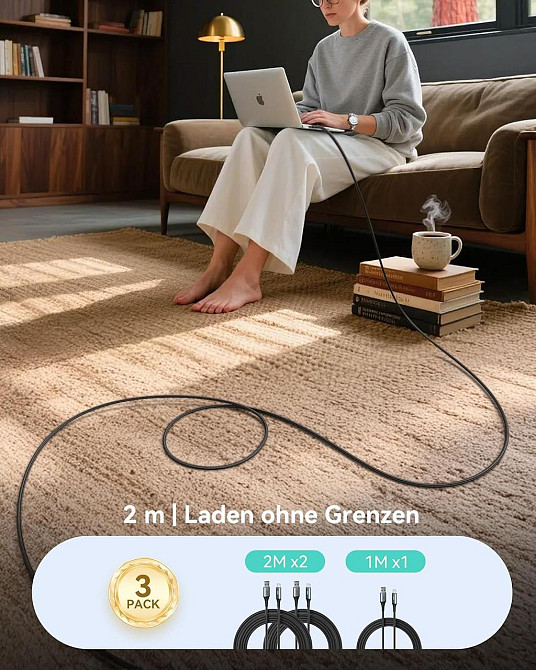 Кабель INIU USB-A→USB-C 3 шт (2м+2м+0,5м) чорний нейлоновий плетений 3.1A PD 480Mbps LED швидка зарядка Київ - фото 6
