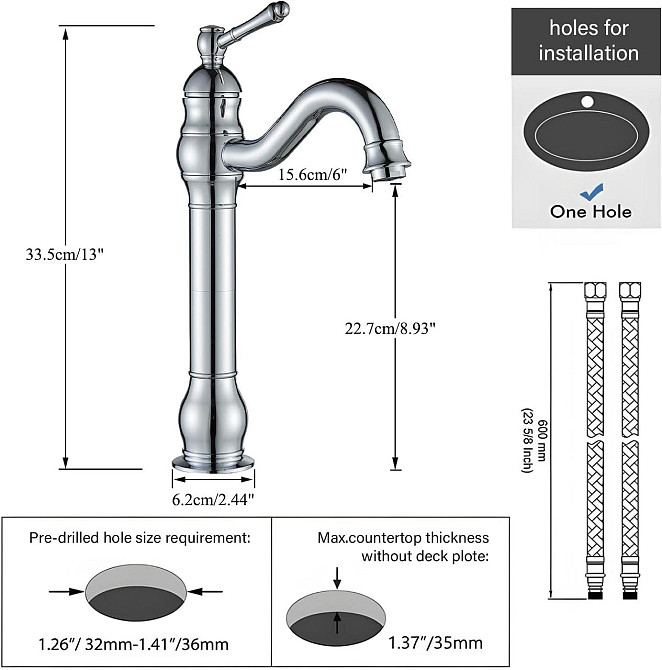 Смеситель для раковины высокий латунный, хромированный, поворотный, для ванной комнаты для умывальника Rozin Киев - изображение 6