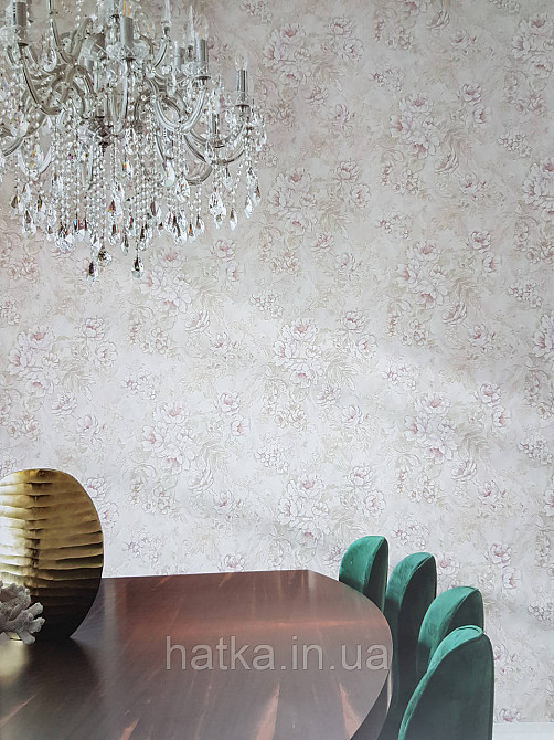 Шпалери метрові вінілові на флізелін Grandeco Poem квіти троянди структурні бузкові зелені на рожевому Київ - фото 1