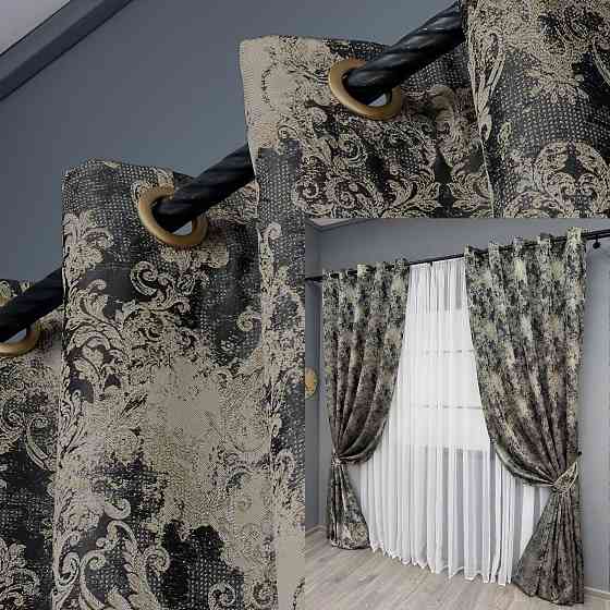 Комплект штор на люверсах VR-Textil Льон Преміум № 1694ш Чорний з бежевим 150х280 см 2 шт (37-0246) Київ