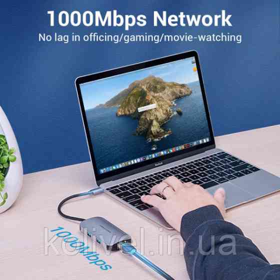 Хаб USB 3.1 Type-C -> 3хUSB 3.0/RJ45 Gigabit/PD 100W 5-in-1 Vention (TNFHB) Київ