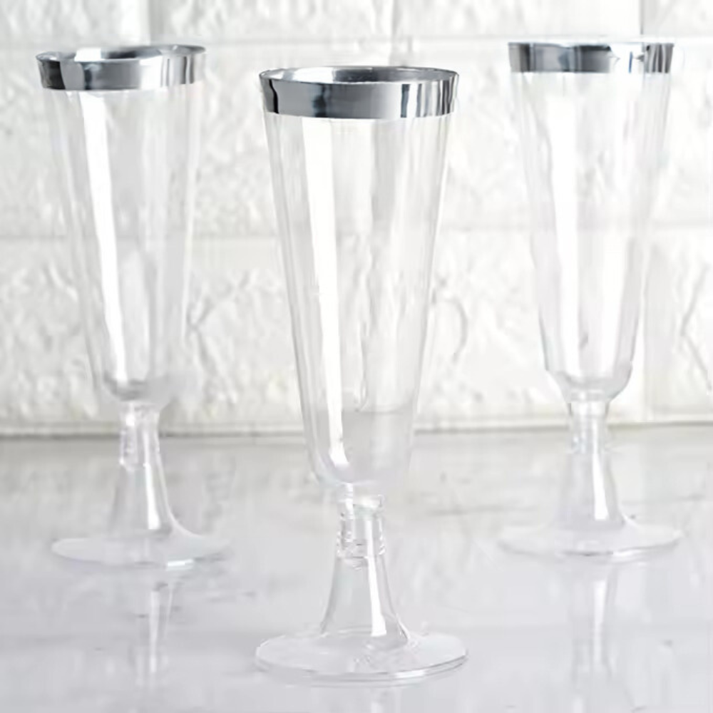 Набор пластиковых бокалов для шампанского 10 шт премиум класса 147 мл,праздничные с серебристым ободком Каменец-Подольский - изображение 4