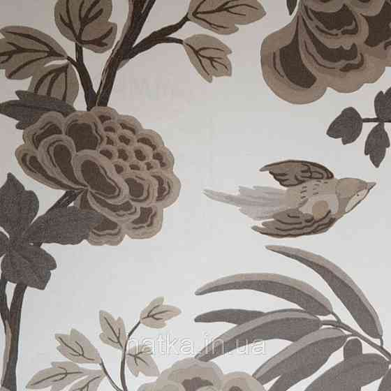Шпалери флізелінові Decoprint екологічно чисті Daimon квіти листя гілки птиці бежеві, сірі на молочному Київ