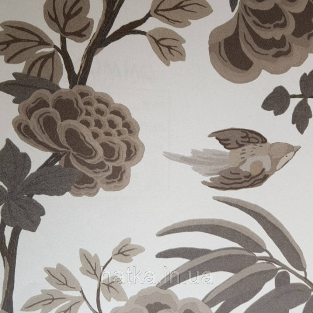 Шпалери флізелінові Decoprint екологічно чисті Daimon квіти листя гілки птиці бежеві, сірі на молочному Київ - фото 3