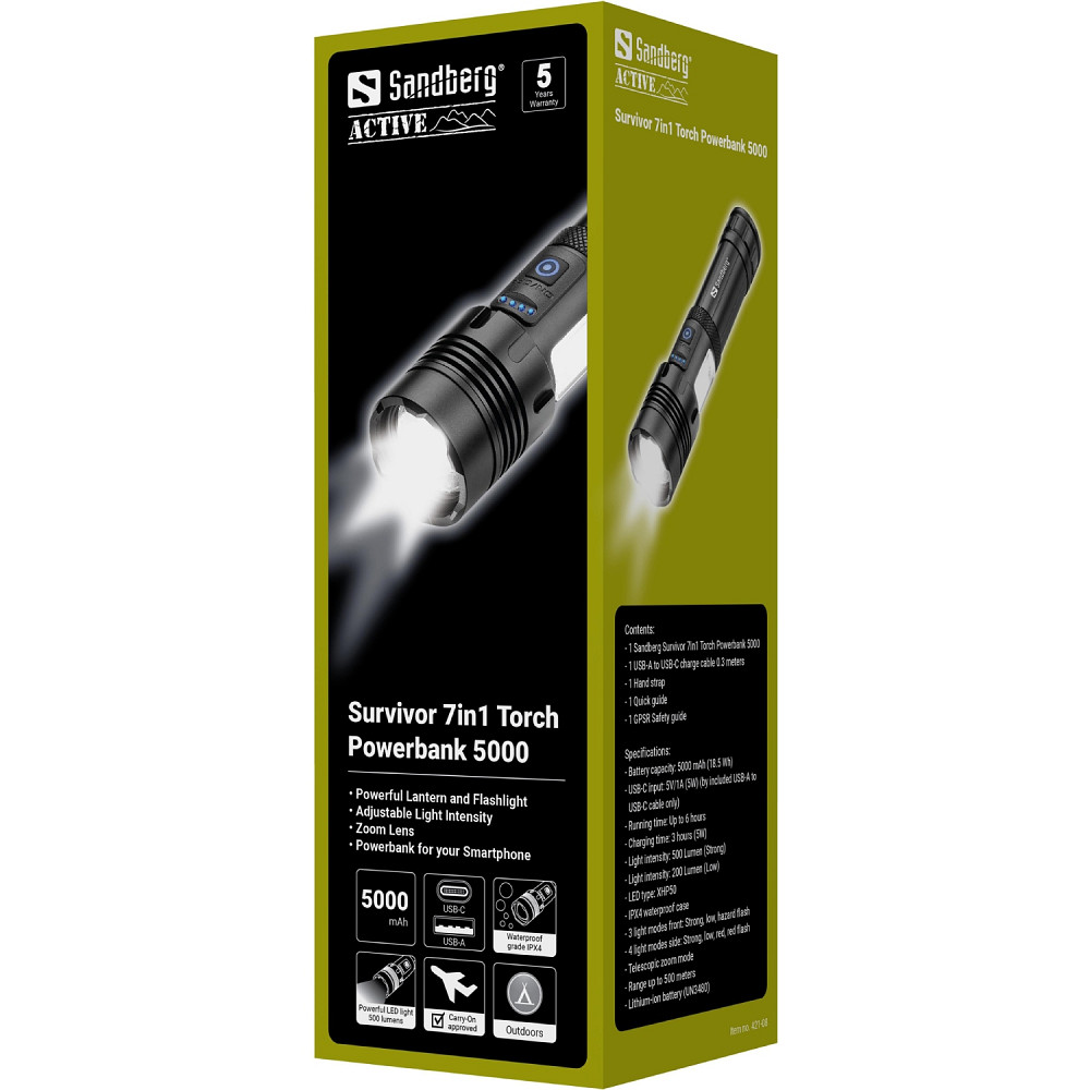Ліхтарик-повербанк Sandberg Survivor 7 in 1 Torch Powerbank 5000 mAh XHP50 LED USB-C 5W Вінниця - фото 6