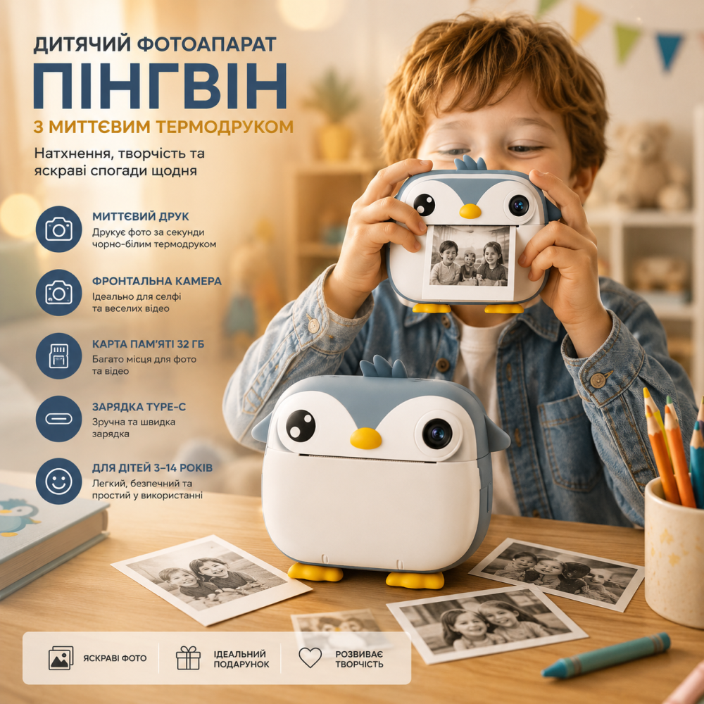 Детский фотоаппарат моментальной печати 20 МП с термопринтером, 2.4