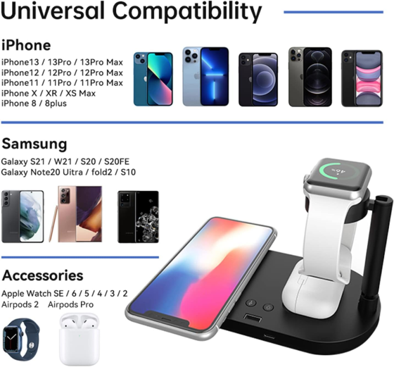 Бездротова зарядна станція 4 в 1 F5 для iPhone, Apple Watch, AirPods Швидка зарядка 15W з підсвічуванням Чорна Київ