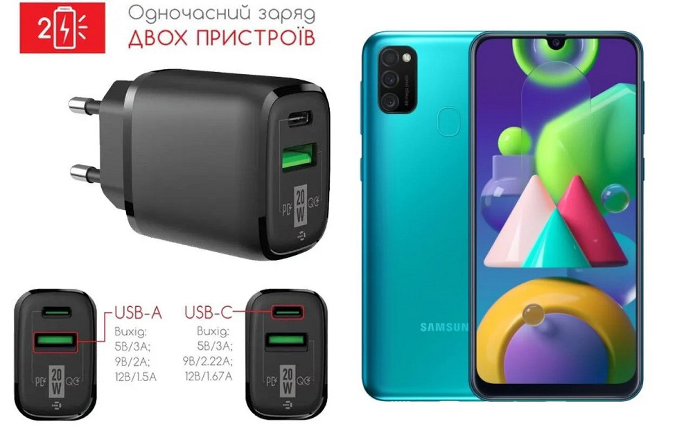 Сетевое зарядное устройство для Samsung Galaxy M21, 20W 3A, Quick Charge 3.0 Киев - изображение 1