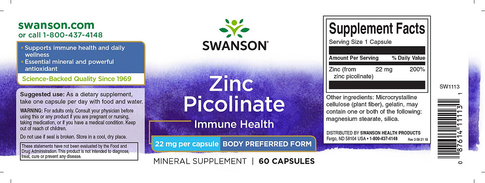 Пиколинат цинка Swanson Zinc Picolinate Body Preferred Form 22 mg 60 Caps Луцк - изображение 2