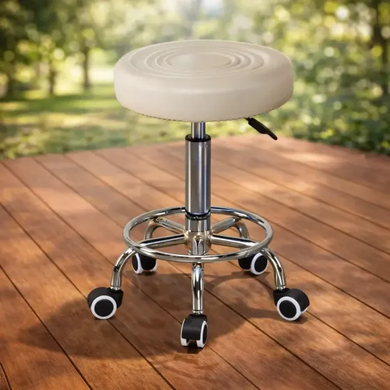 Стул косметологический без спинки на колесах с подставкой для ног, регулировка высоты Слоновая кость Киев