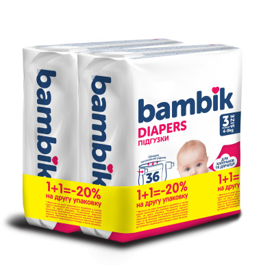 Подгузники Bambik Medium 4-9 кг Размер 3 Midi 2 х 36 шт (4823071664027) Винница - изображение 1