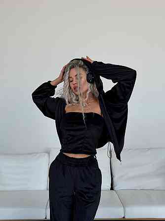 Жіночий велюровий костюм-трійка: кофта корсет і штани Чорний, 48/52 Одеса