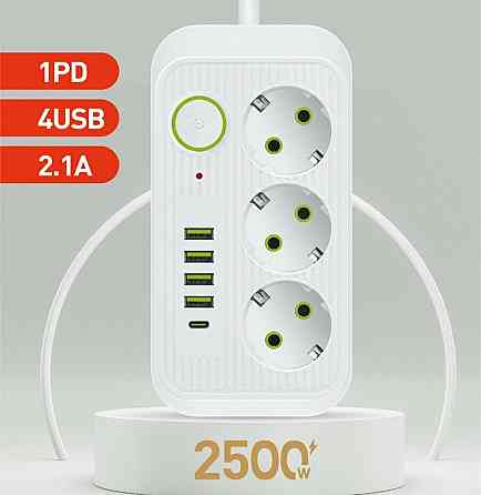 Мережевий фільтр 2 м, 3 розетки +4USB+Type-C Харків