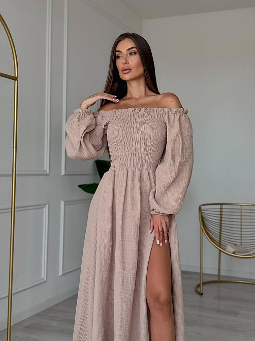 Жіноче романтичне плаття максі з натуральної тканини муслін 100% бавовна Беж, 46/48 Одеса - фото 8