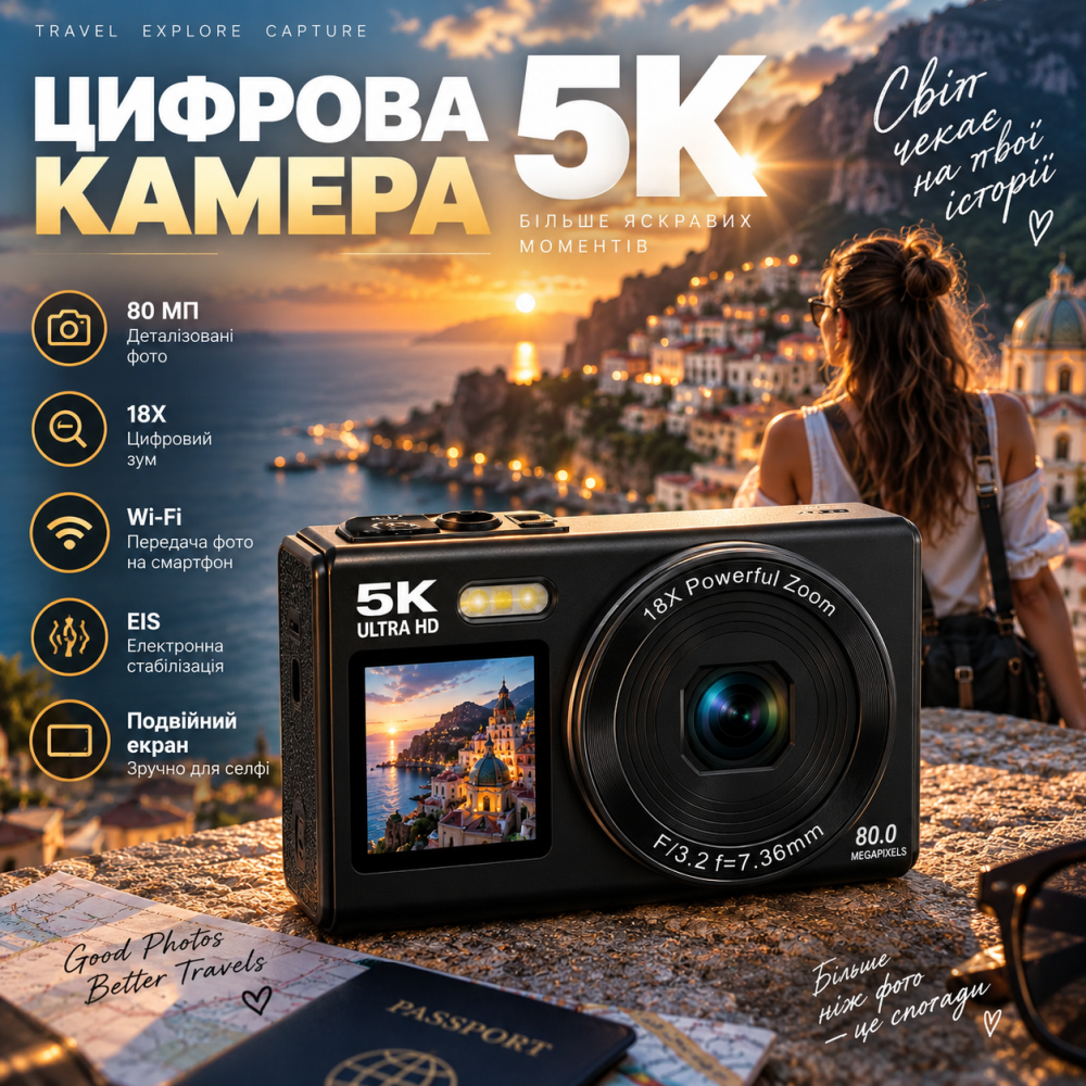 Цифрова камера 5K 80 МП Wi-Fi з подвійним екраном, EIS, 18x Zoom, 2 акумулятори + карта 64 ГБ, чорна Київ - фото 2
