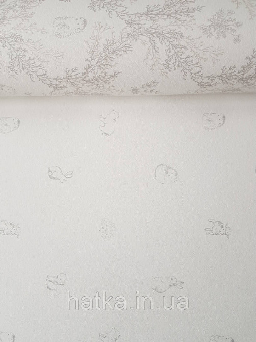 Шпалери флізелінові дитячі Lutece Tartine et Chocolat біла основа світло сірі мишки їжачки баранці зайчики Київ - фото 1