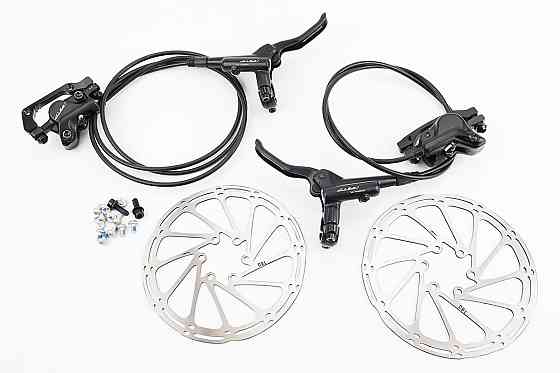 Гальмо Disk-brake переднє (F160/R140мм)+заднє (F180/R160мм) у зборі, диски 160мм, кріпл. 6 болтів, чорні Киев