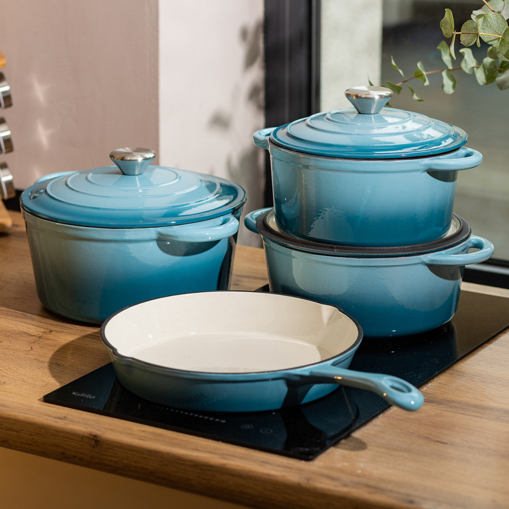 Набір чавунного посуду для приготування 3 каструлі та сковорода з емальованим покриттям Блакитний HP-1-7 Київ - фото 8