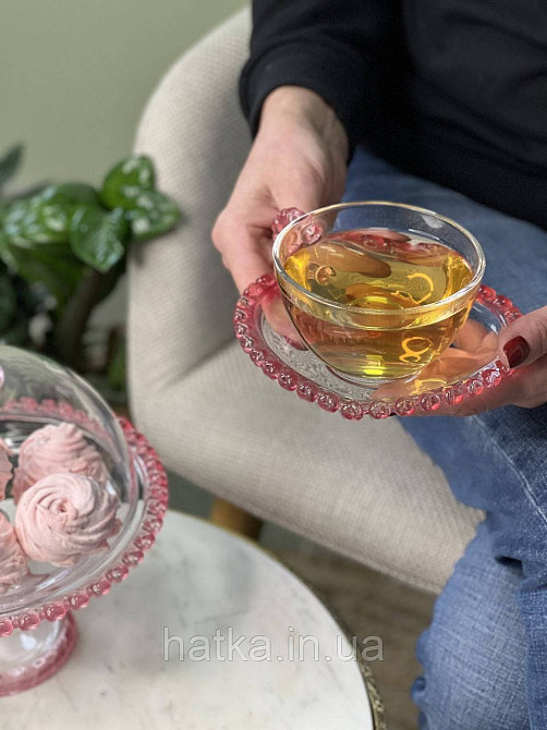 Чашка з блюдцем "Рожеве серце" для чаю 200 мл, прозора з рожевим обідком у вигляді серця Київ - фото 2