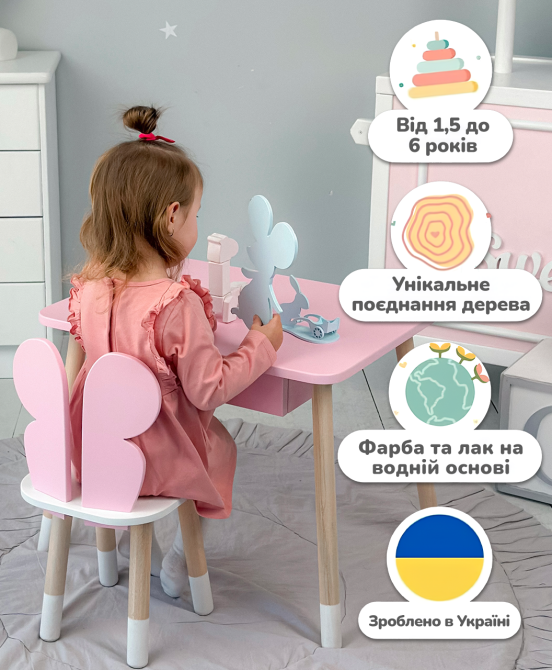Дитячий стільчик метелик 26.5х26х25см, стілець у дівчачу кімнату, білий з рожевим Київ - фото 7