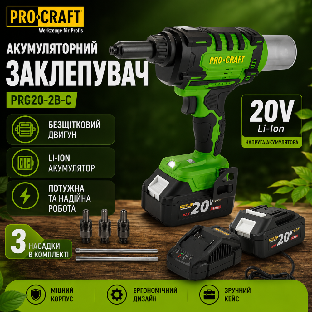 Заклепочник электрический аккумуляторный Procraft PRG20 ,Электрические заклепочники с бесщеточным двигателем 2 АКБ и ЗУ в кейсе Львов - изображение 10
