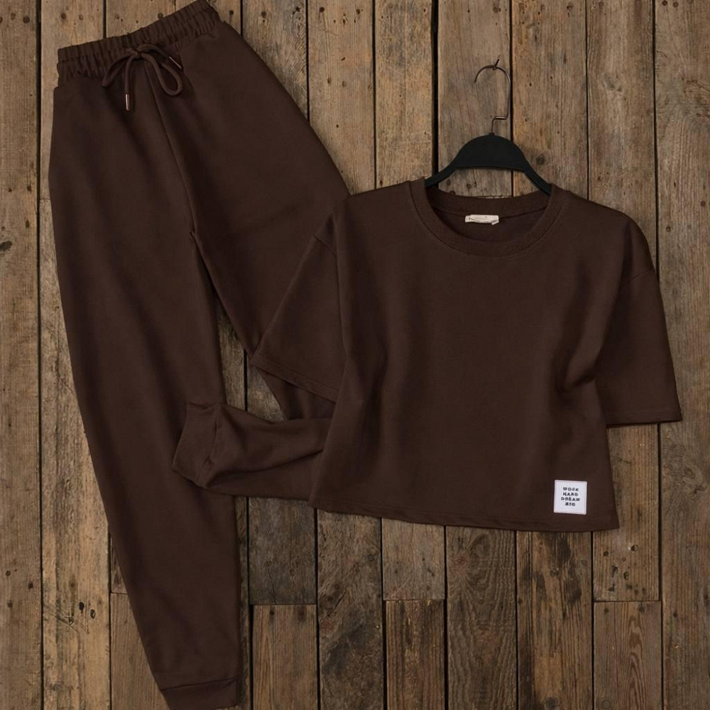 Жіночий прогулянковий костюм-двійка: укорочена футболка + джогери двонитка Шоколад, 42/44 Одеса - фото 3