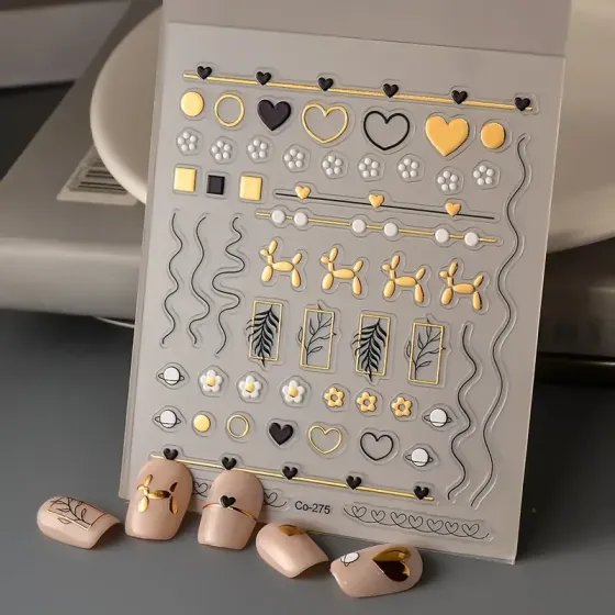 3D наклейки для ногтей золото черные | сердечки, цветы, линии, фигурки Киев