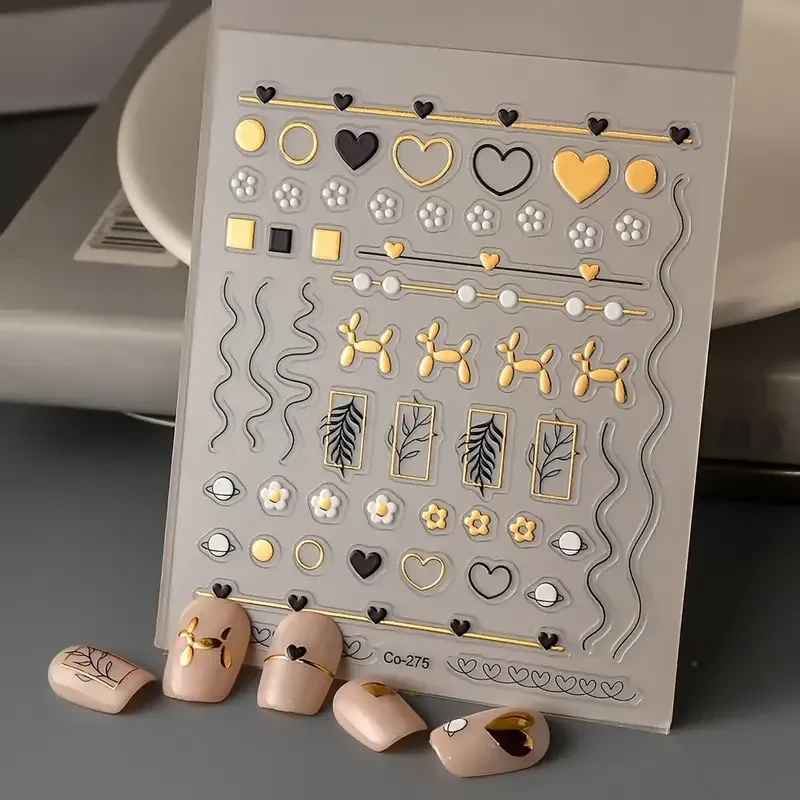 3D наклейки для ногтей золото черные | сердечки, цветы, линии, фигурки Киев - изображение 4