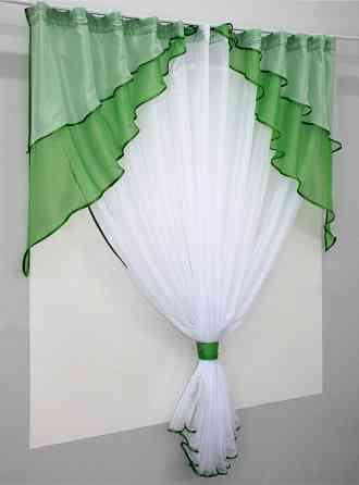 Кухонная занавеска VR-Textil № 114к ламбрекен и тюль темно-салатовый с белым 280х170 см (52-0557) Киев