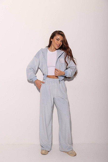 Женский прогулочный костюм двойка: кофта на молнии и брюки велюр Голубой, 48/52 Одесса - изображение 6
