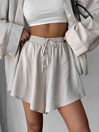 Женский летний прогулочный оверсайз костюм двойка: рубашка и шорты лен Беж Одесса