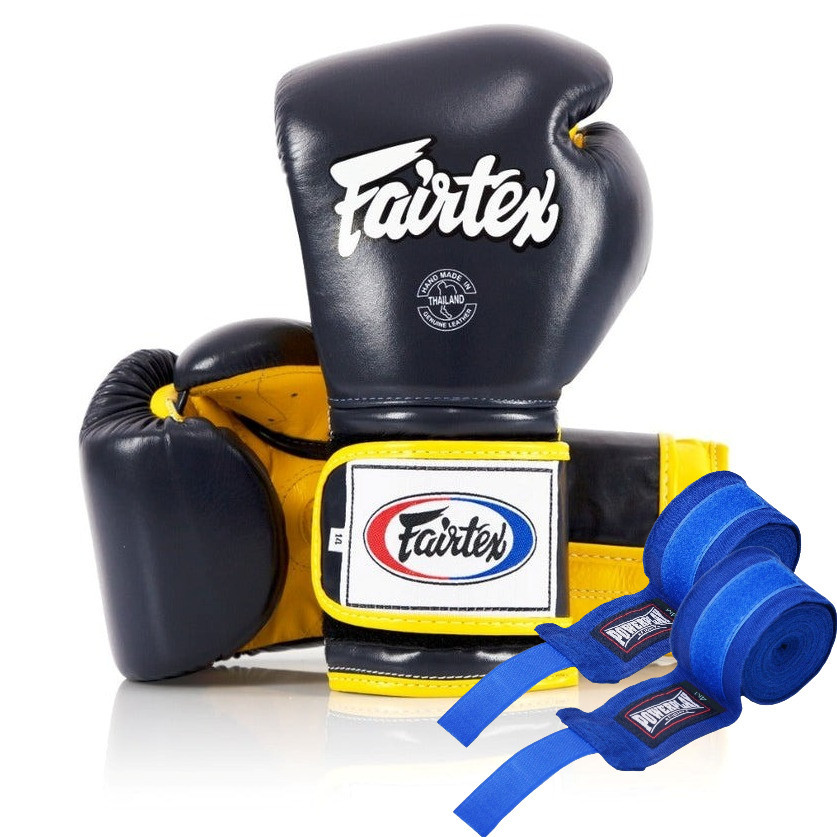 Боксерські рукавиці Fairtex BGV9 Mexican Blue/Yellow 18 унцій (бинти в комплекті) Кам'янське - фото 1