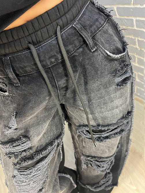 Джинси жіночі I8 80085-186 комбіновані з трикотажем рвані палаццо талія на резинці фліс чорний, чорний, XS, XS, 70 см, 98 см Київ - фото 2