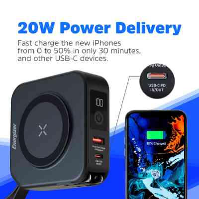 Батарея универсальная Energizer Magnetic Wireless 10000mAh 20W PD, AC зарядка, QI/15W, built-in USB-C (QM10001AC) Винница