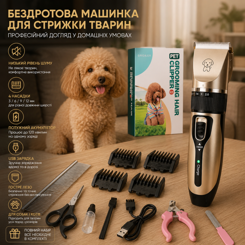 Бездротова машинка для стрижки тварин з набором аксесуарів, акумуляторний тример для собак і котів, машинка для грумінгу Київ - фото 9