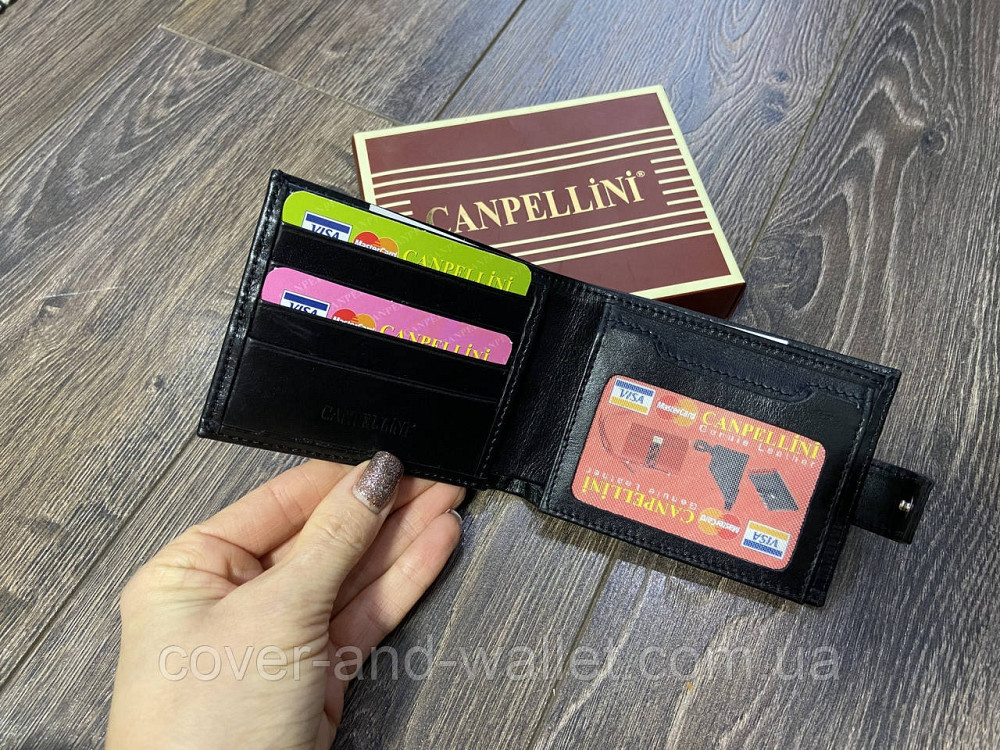 Тонкий мужской кожаный кошелек небольшого размера черного цвета Сanpellini Киев - изображение 9