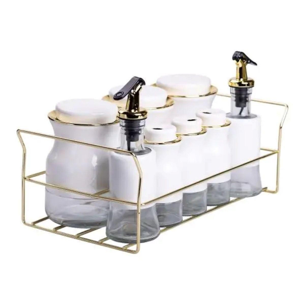 Набір для спецій на підставці з пляшками для олії та оцту 8 предметів Білий HP-1360W Київ - фото 2