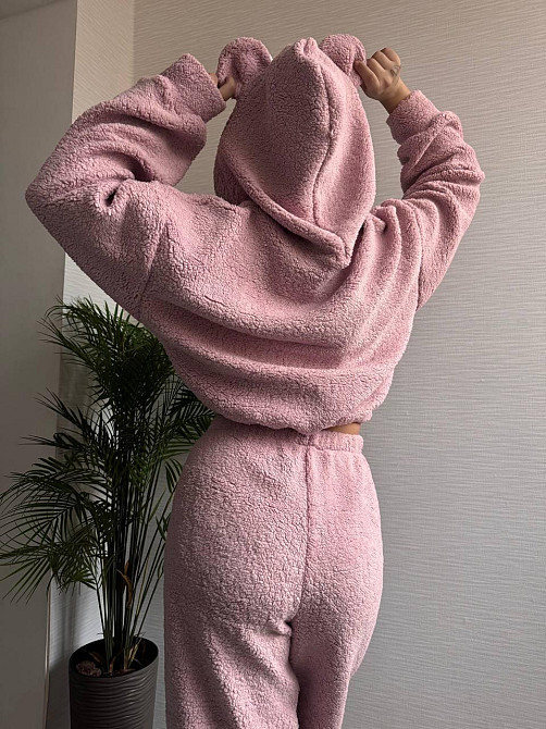 Жіноча стильна домашня плюшева піжама з вушками хутро тедді Пудра Одеса - фото 9
