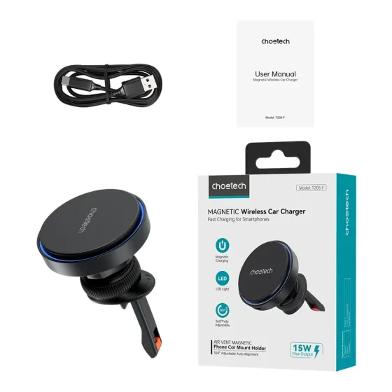 Автомобільний зарядний пристрій Choetech T205-F Black бездротова зарядка, магнітне кріплення (43-00139) Киев