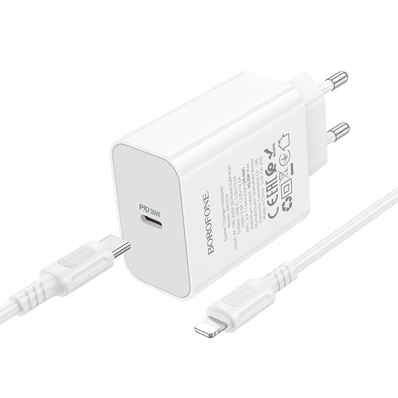 Мережевий зарядний пристрій з кабелем BOROFONE BA107A Stellar single port PD30W charger set (C to iP) (EU) White Одеса - фото 3
